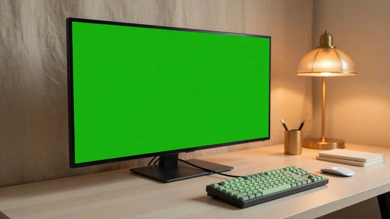 High-end design studio photography of a borderless monitor displaying calibrated 525nm chroma key pure green screen
