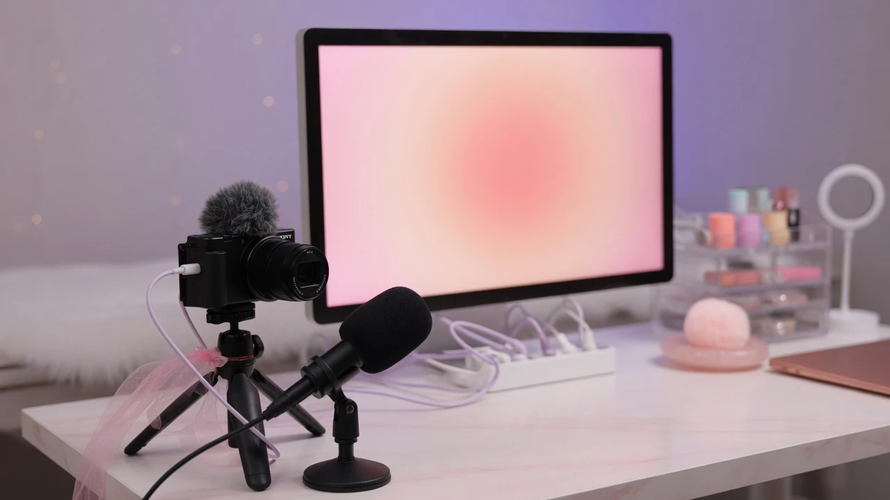 Beauty content creator desktop setup with a pink screen monitor acting as a flattering vanity fill light for video cameras
