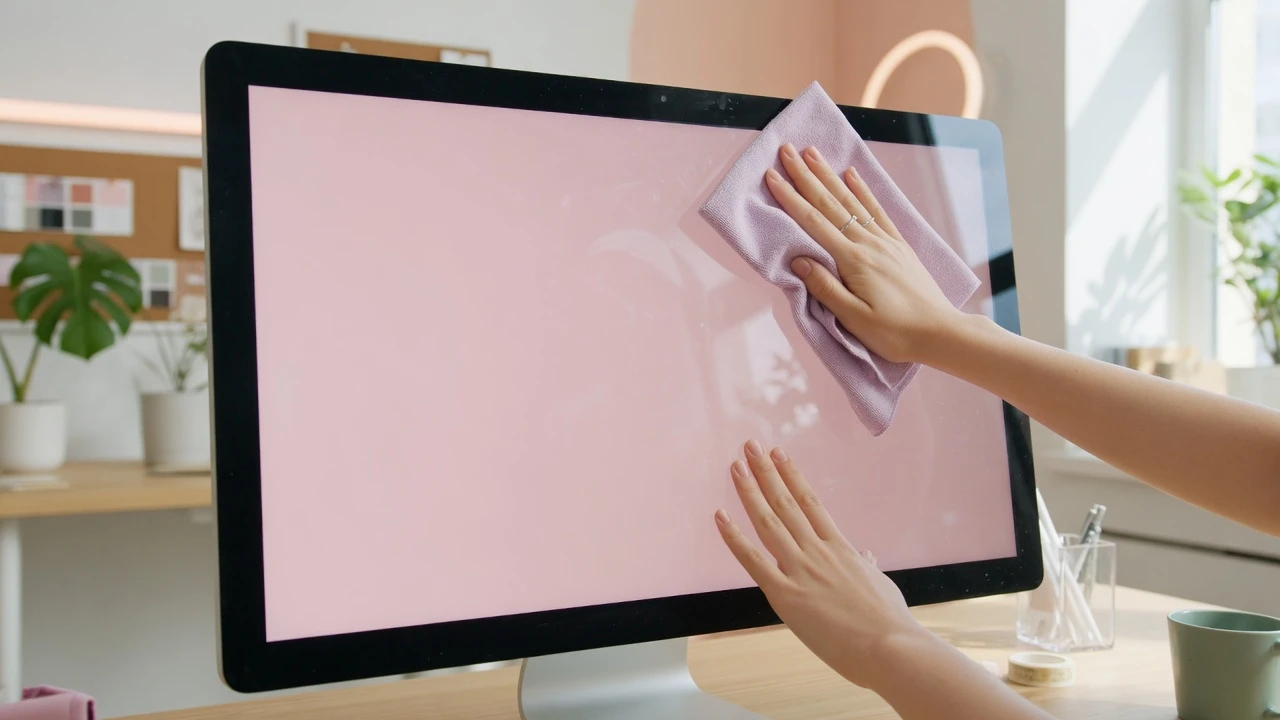 Macro photography of hands carefully cleaning a soft pink computer monitor screen with a microfiber cloth for streaming