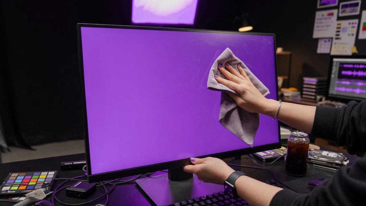 Hands-on photography of a tech enthusiast wiping a neon purple monitor screen with a microfiber cloth in a dark setup