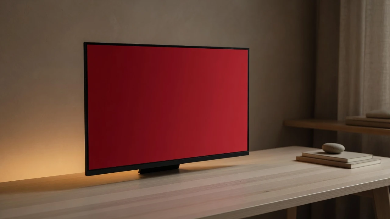 Commercial studio desk photography of a sleek borderless monitor radiating pure 625nm red light across a dark workstation
