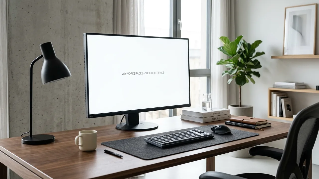 Modern Scandinavian desk setup with high-resolution monitor casting clean 6500K pure white illumination across workspace